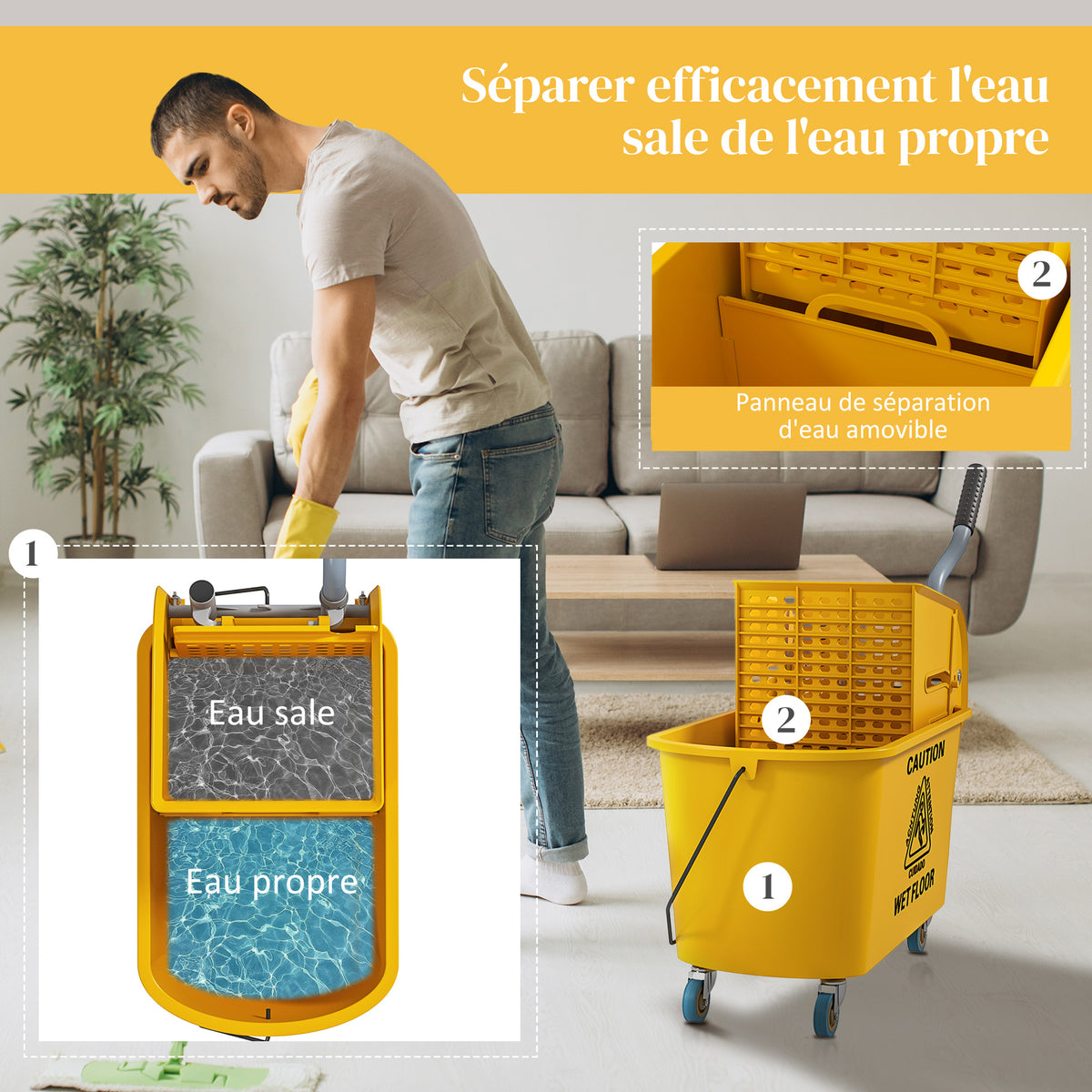 Chariot de ménage chariot de lavage essoreuse latérale seau 20 L, poignée et serpillère, 45 x 26,5 x 70 cm, jaune