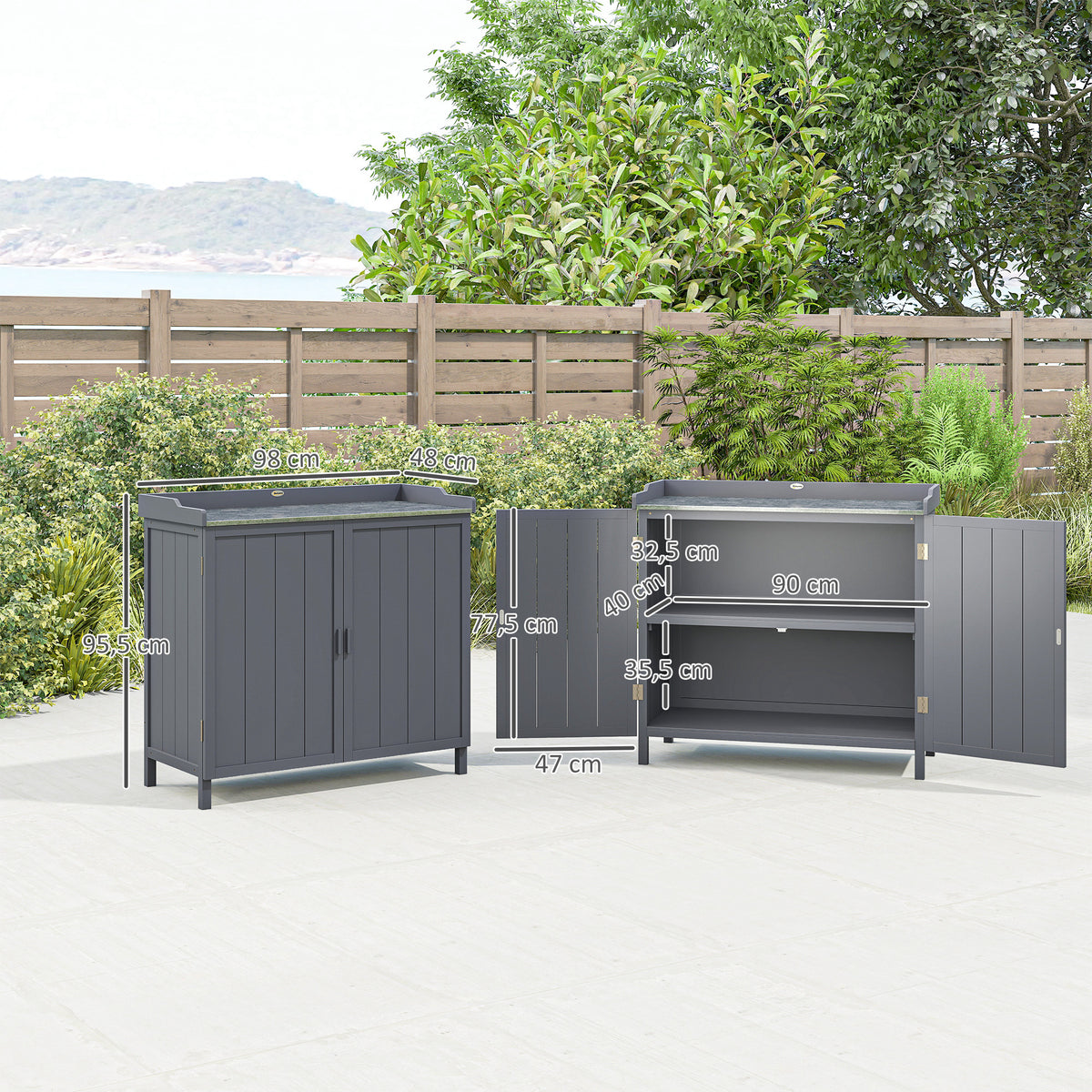 Armoire de rangement de jardin sur pied, table de rempotage 2 en 1 double porte, étagère, plateau métal galvanisé - gris