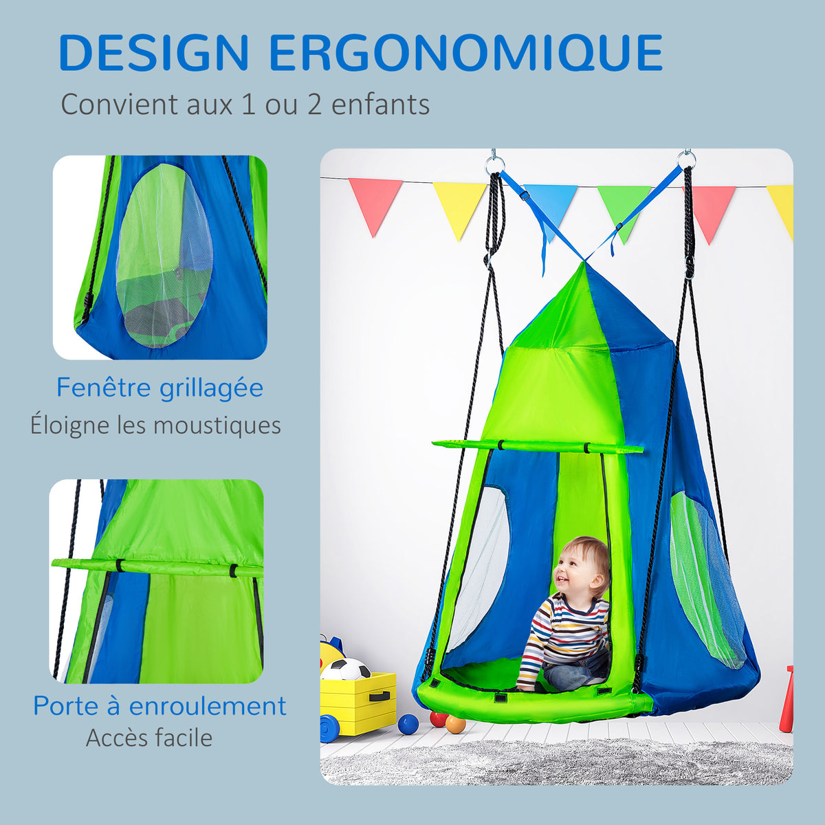 Balançoire nid d'oiseau Ronde avec Tente Amovible Ø 100 cm 4 Anneaux Inclus métal époxy Oxford Haute densité - Vert et Bleu