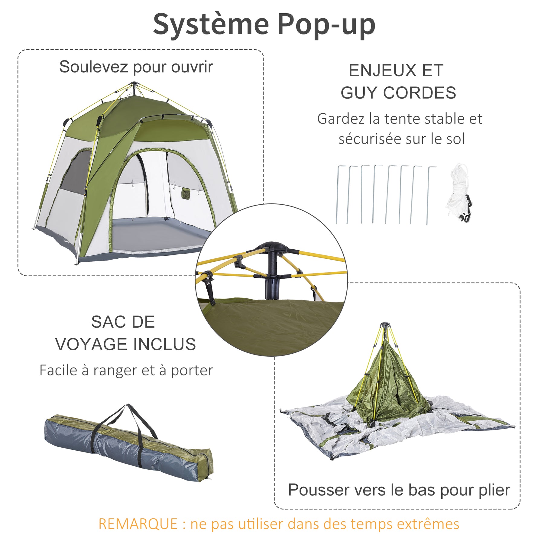 Tente de camping pop-up 3 personnes, dôme familiale avec 4 portes, 4 fenêtres et sac de transport – Vert et gris