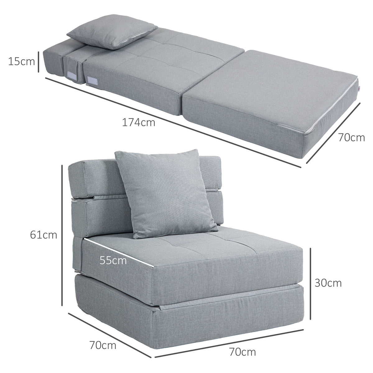 Chauffeuse canapé-lit convertible fauteuil 1 place avec 1 coussin déhoussable, tissu gris clair