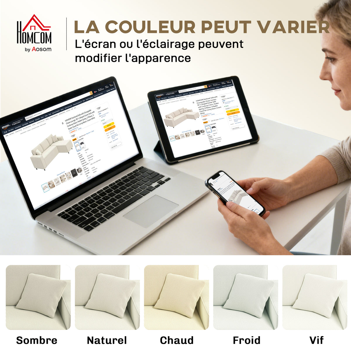 Canapé d'angle réversible 3 places moderne avec coussins inclus, tissu velours côtelé, crème