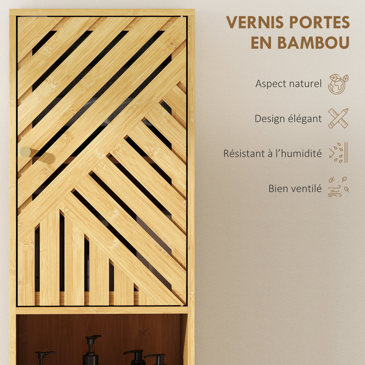 Armoire salle de bain, meuble de rangement colonne, portes en bambou, étagères réglables, 32x30x170cm, bois naturel