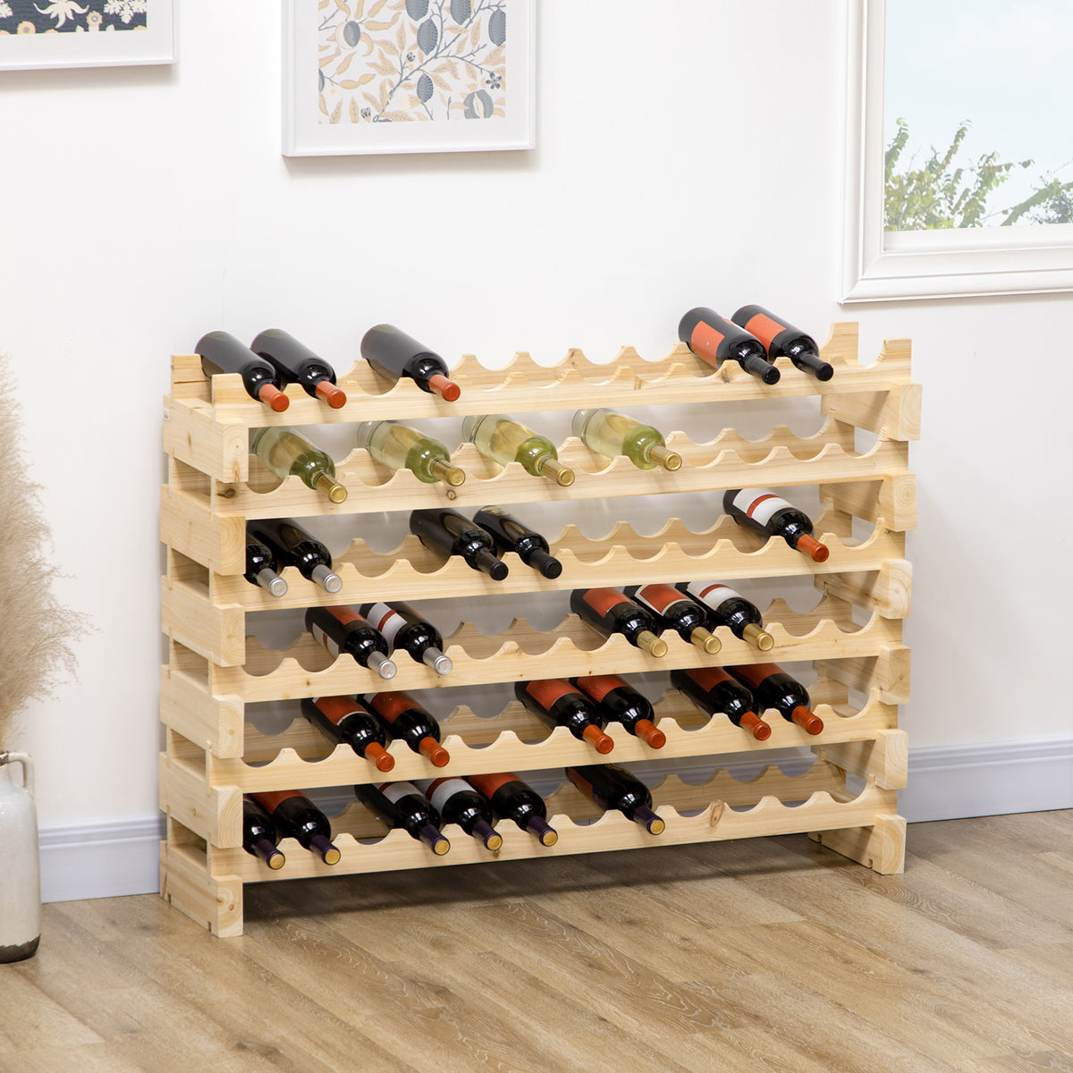 Casier à bouteilles pour 72 bouteilles, étagère à vin avec 6 niveaux modulable et superposable, casier à vin en bois de sapin massif, pour cave, bars, sous-sols, 114x28x85cm, bois naturel