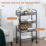 Carrello portaoggetti a 4 ripiani, carrello con ruote con cestelli rimovibili e 4 ganci, telaio in acciaio, carrello da cucina, bagno, soggiorno, spazio stretto, 45 x 26,5 x 84 cm, nero