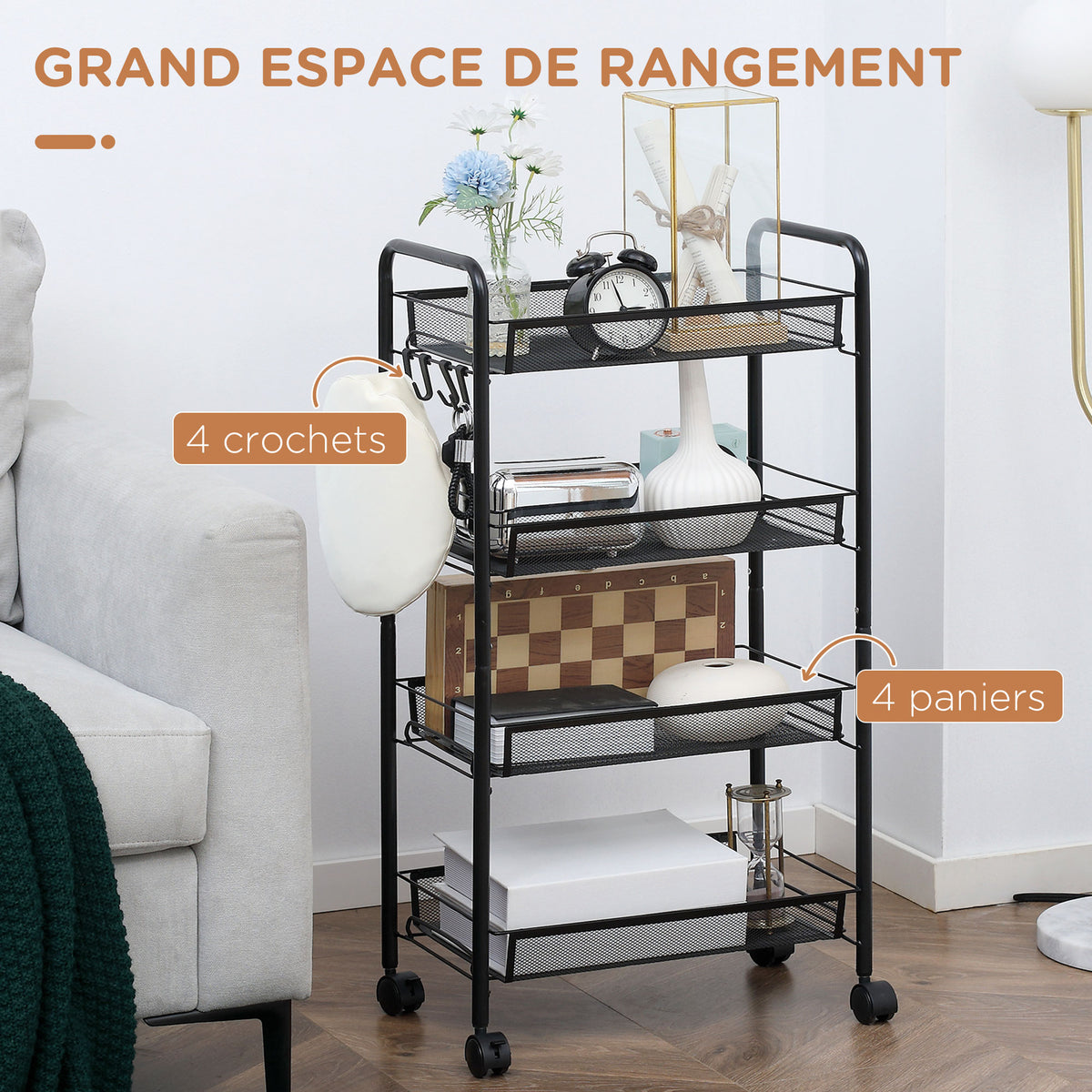 Carrello portaoggetti a 4 ripiani, carrello con ruote con cestelli rimovibili e 4 ganci, telaio in acciaio, carrello da cucina, bagno, soggiorno, spazio stretto, 45 x 26,5 x 84 cm, nero