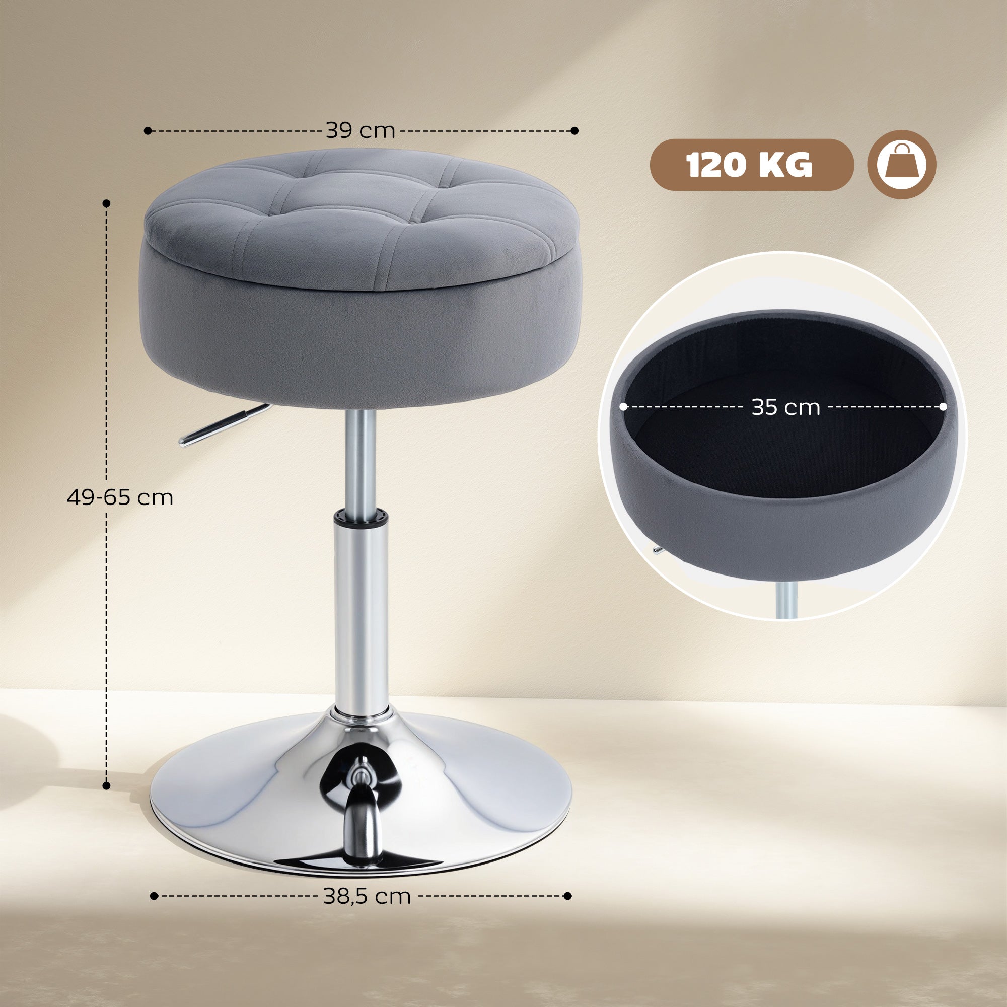 Samt-Schminkhocker, drehbarer Kosmetikhocker mit Stauraum, höhenverstellbar von 49–65 cm, Grau