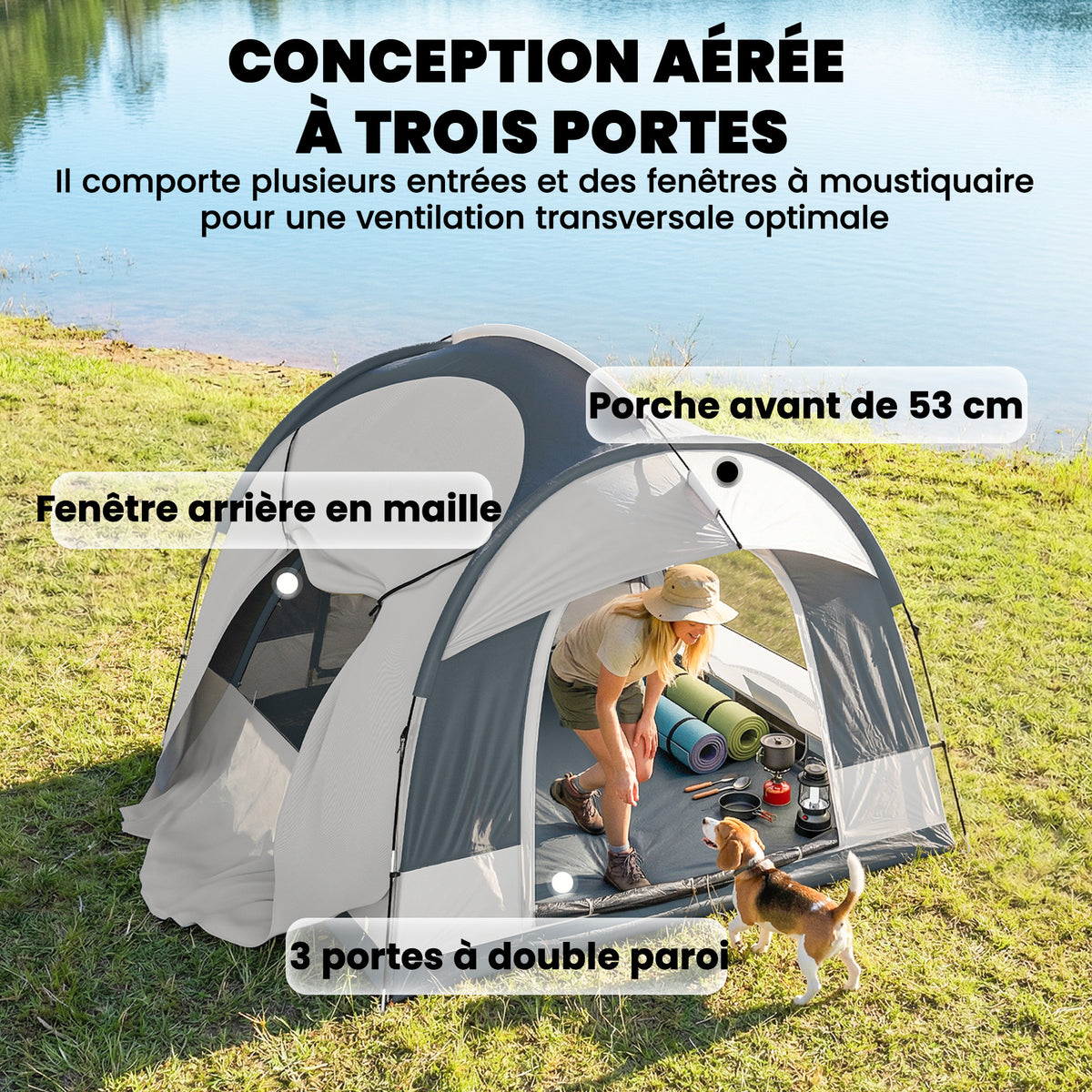 Tente de Camping Facile à Monter 2-4 Personnes avec 3 Portes, Imperméable, Compatible avec SUV, Bleu Foncé