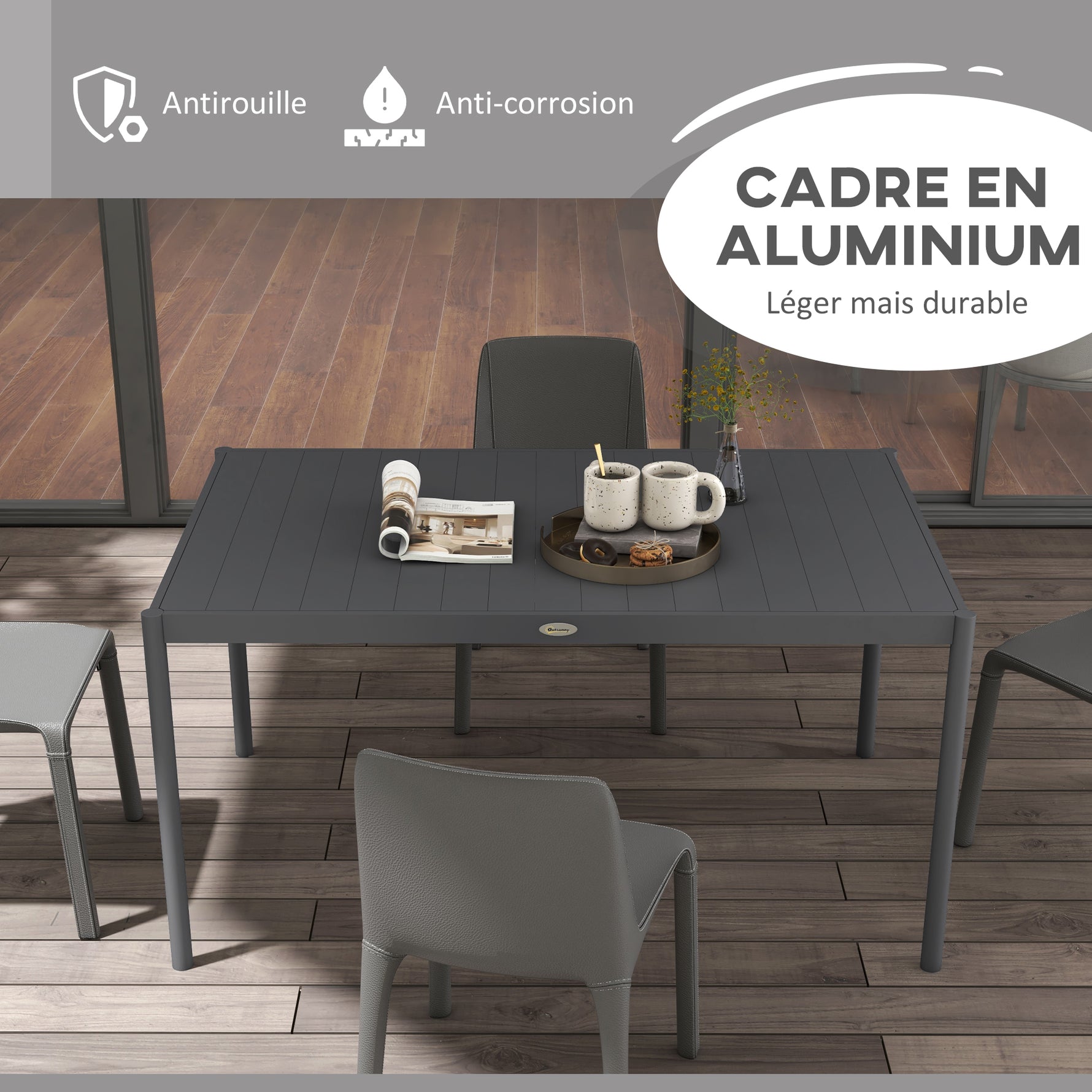 Table de jardin rectangulaire pour 6 personnes en aluminium plateau à lattes dim. 145L x 90l x 74H cm gris