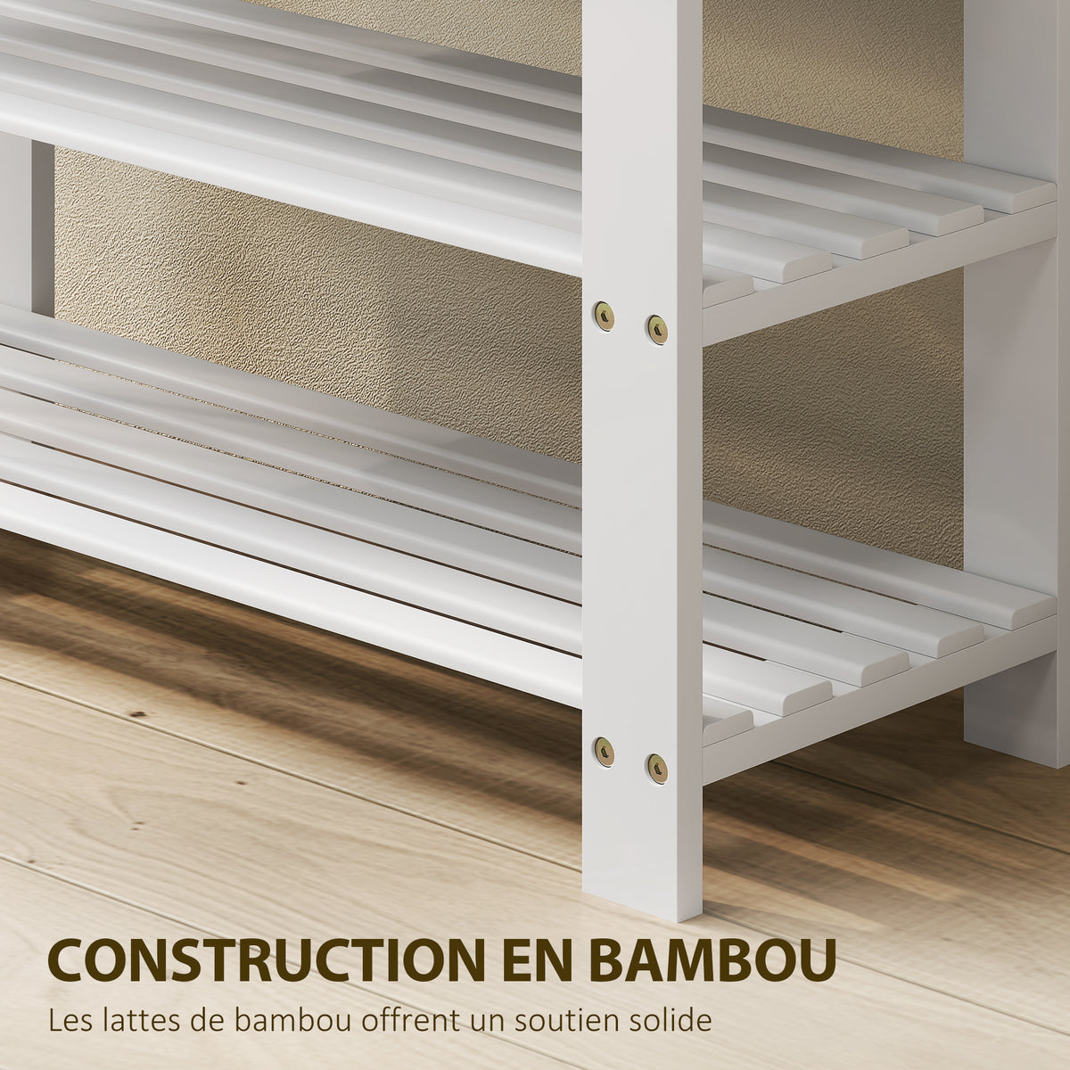 Banc à chaussures en bambou, étagère à chaussures à 3 niveaux, style scandinave, charge 136 Kg, 70 x 28 x 45 cm, blanc