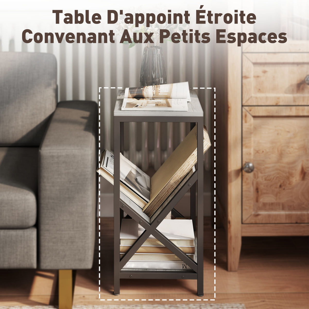 Table d'appoint étroite, bout de canapé rangement à 3 niveaux, porte-revues en V, cadre en acier, 40x30x61cm, gris foncé
