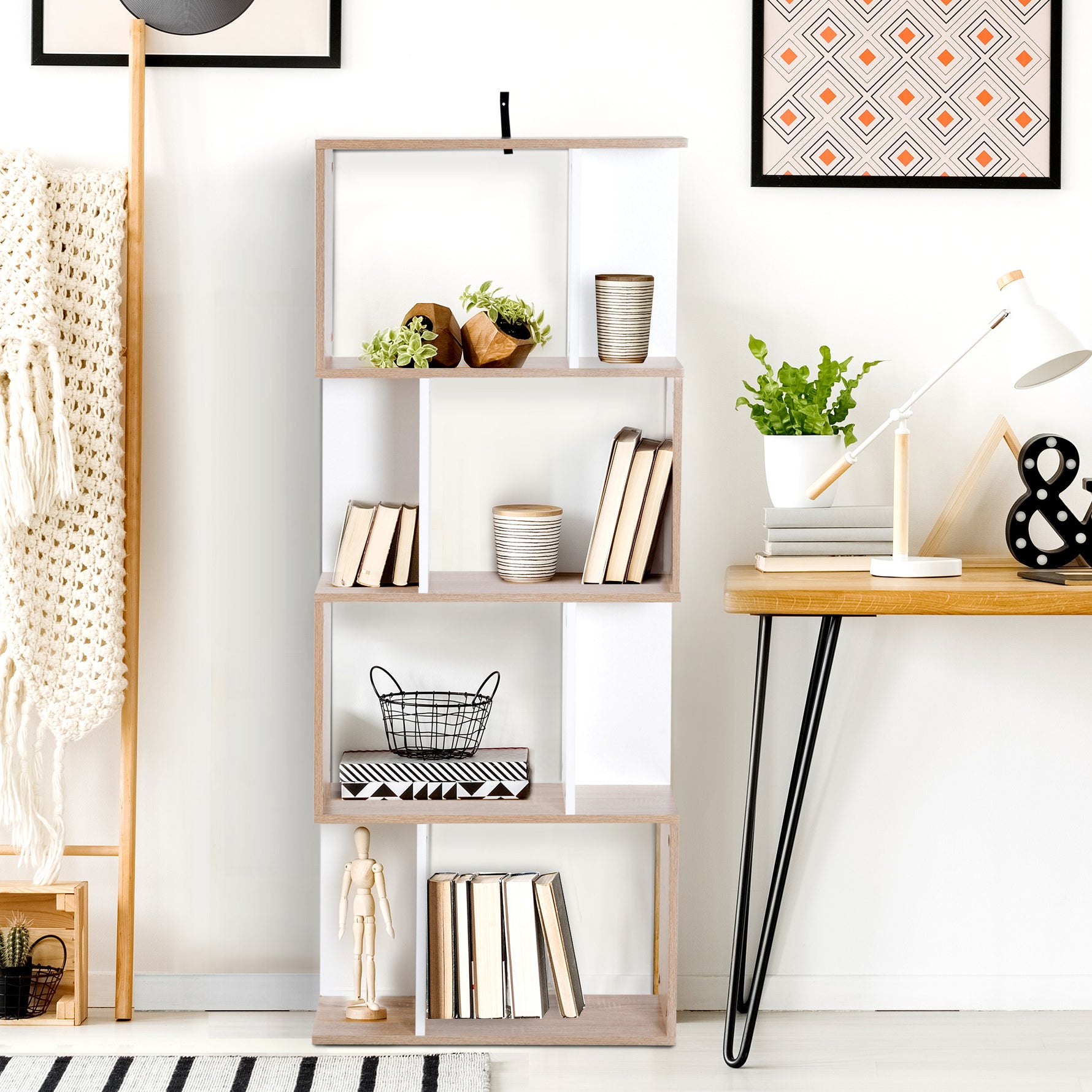 Bibliothèque à 4 niveaux, meuble de rangement en forme de S avec étagères, étagère de rangement pour salon, chambre bureau, 60 x 24 x 148 cm, bois naturel et blanc