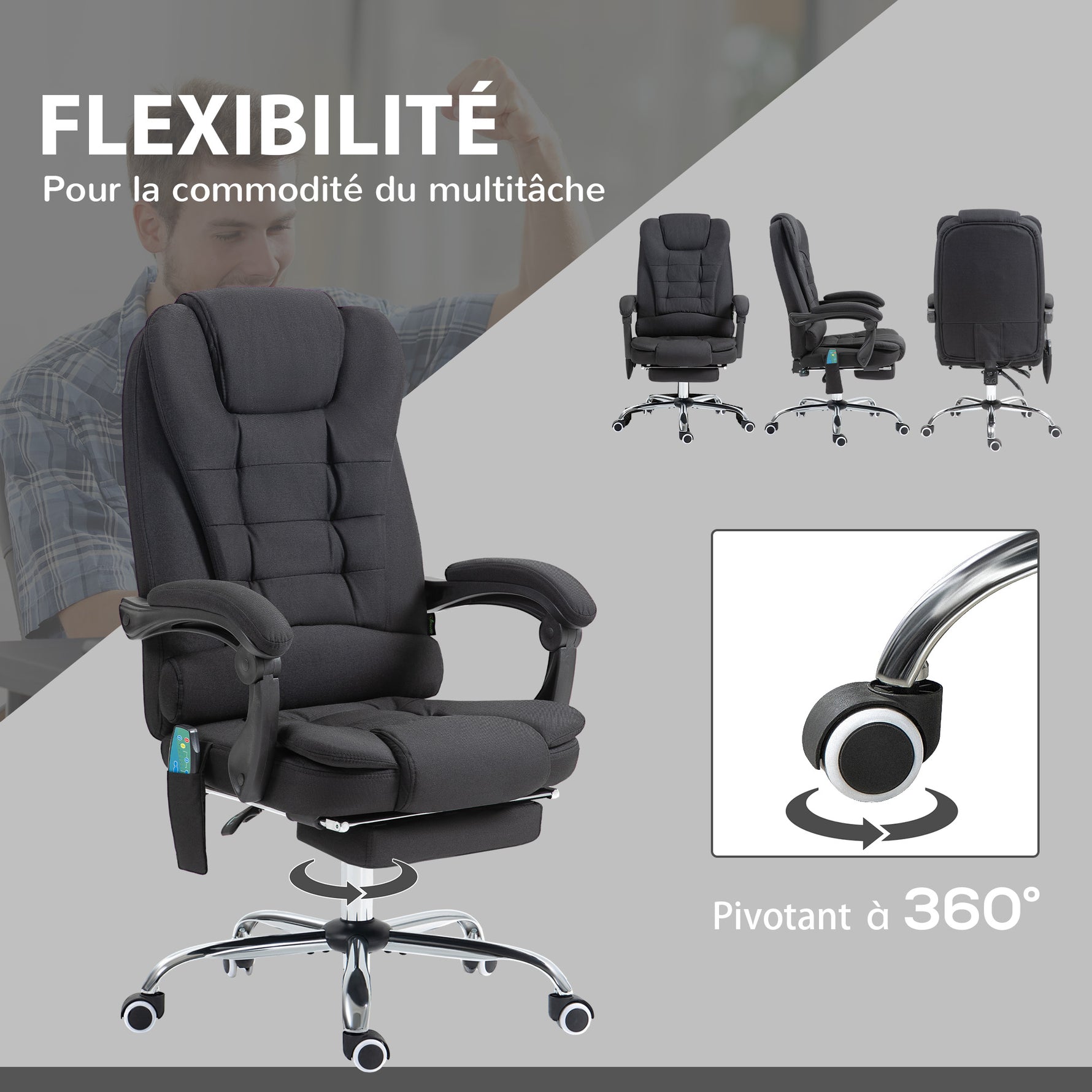 Fauteuil de bureau direction massant chauffant hauteur réglable dossier inclinable toile de lin noir