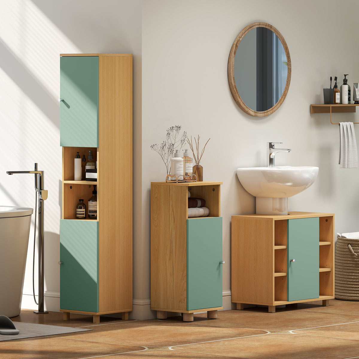 Meuble sous lavabo, meuble de salle de bain avec 6 étagères ouvertes et porte à fermeture amortie 60 x 33 x 57 cm, vert