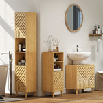 Armoire salle de bain, meuble de rangement colonne, portes en bambou, étagères réglables, 32x30x170cm, bois naturel