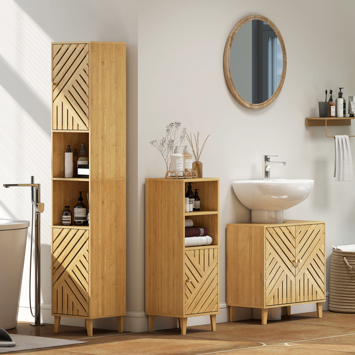 Armoire salle de bain, meuble de rangement colonne, portes en bambou, étagères réglables, 32x30x170cm, bois naturel