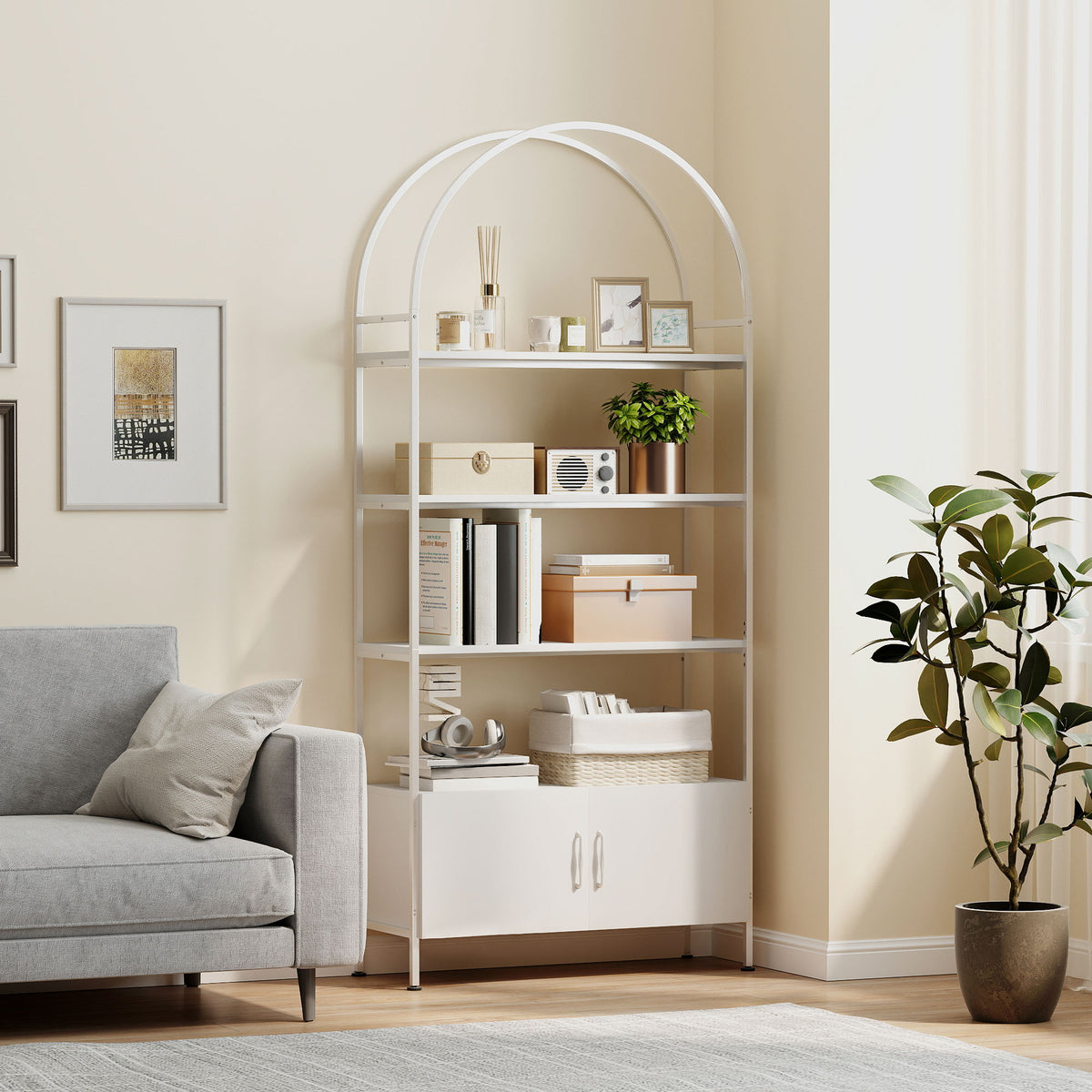 Étagère de rangement, bibliothèque arquée à 4 niveaux avec placard double porte, 80 x 30 x 187 cm, blanc