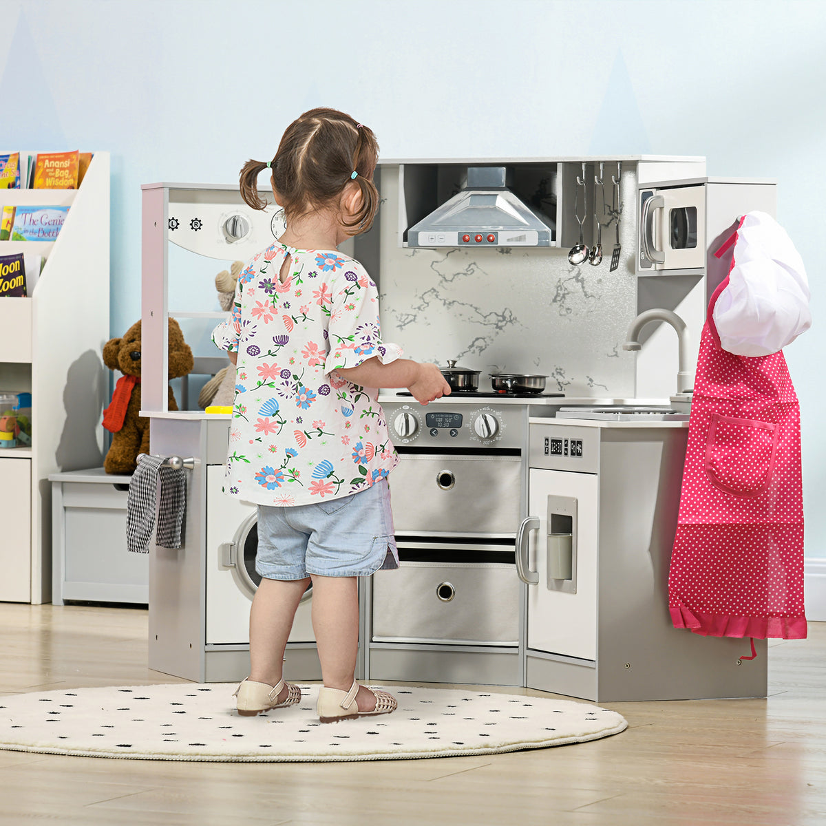 Cuisine enfant en bois avec 17 accessoires légumes en plastique boutons et lumières toque 3-6 ans gris blanc