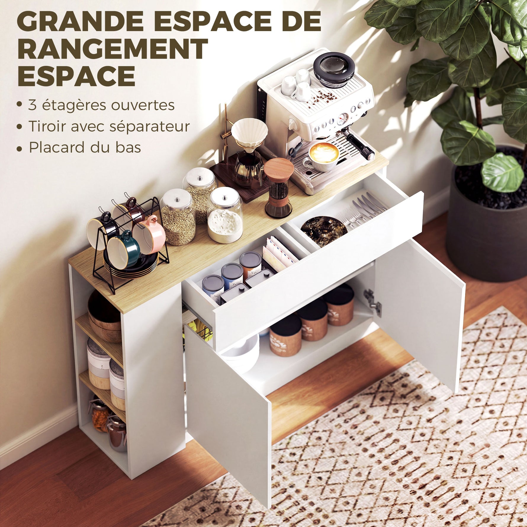 Buffet meuble de rangement avec 2 tiroirs 3 étagères ouvertes et placard 2 portes 110 x 29,5 x 82 cm blanc