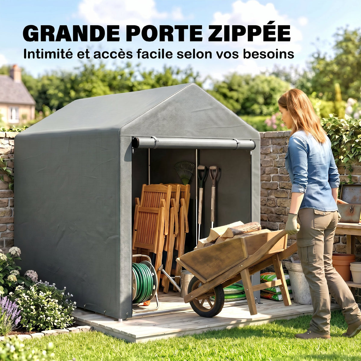 Capanno da giardino impermeabile con 2 scomparti, porta avvolgibile con cerniera, 120x179x165 cm, grigio chiaro