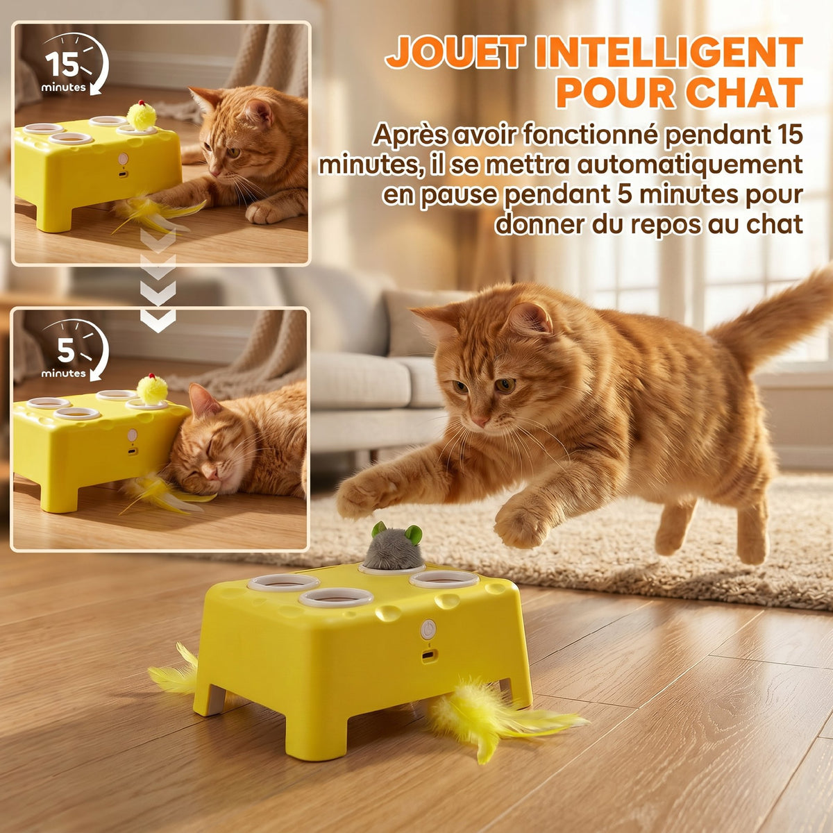 Jouet Interactif pour Chats d'Intérieur Rechargeable, 3 Modes Réglables Repos Intelligent, 18,8 x 14 x 6 cm, Jaune