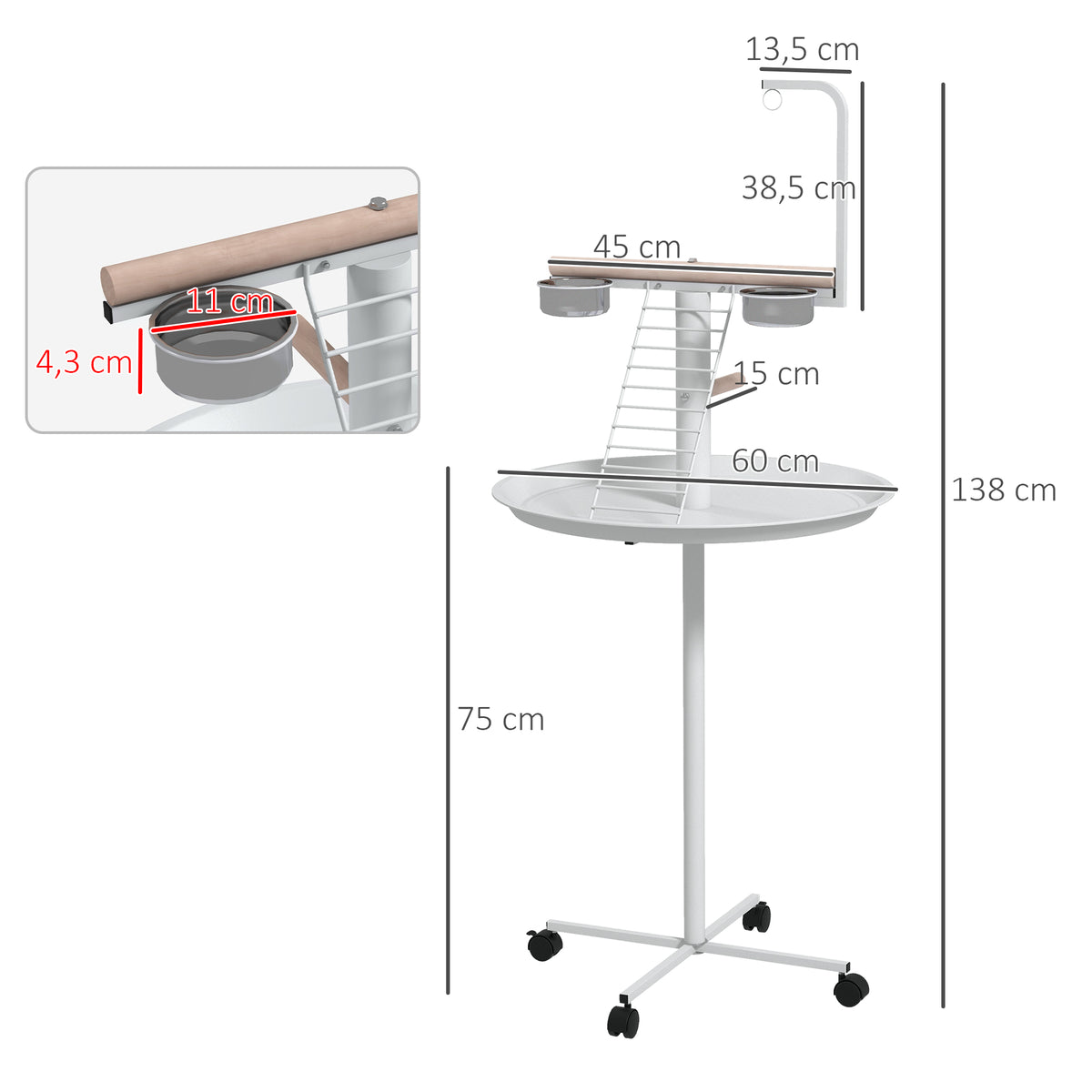 Mangeoire à oiseaux sur pied avec 4 roulettes perchoir 2 bols amovibles plateau rond acier inoxydable Ø 60 x 138H cm blanc