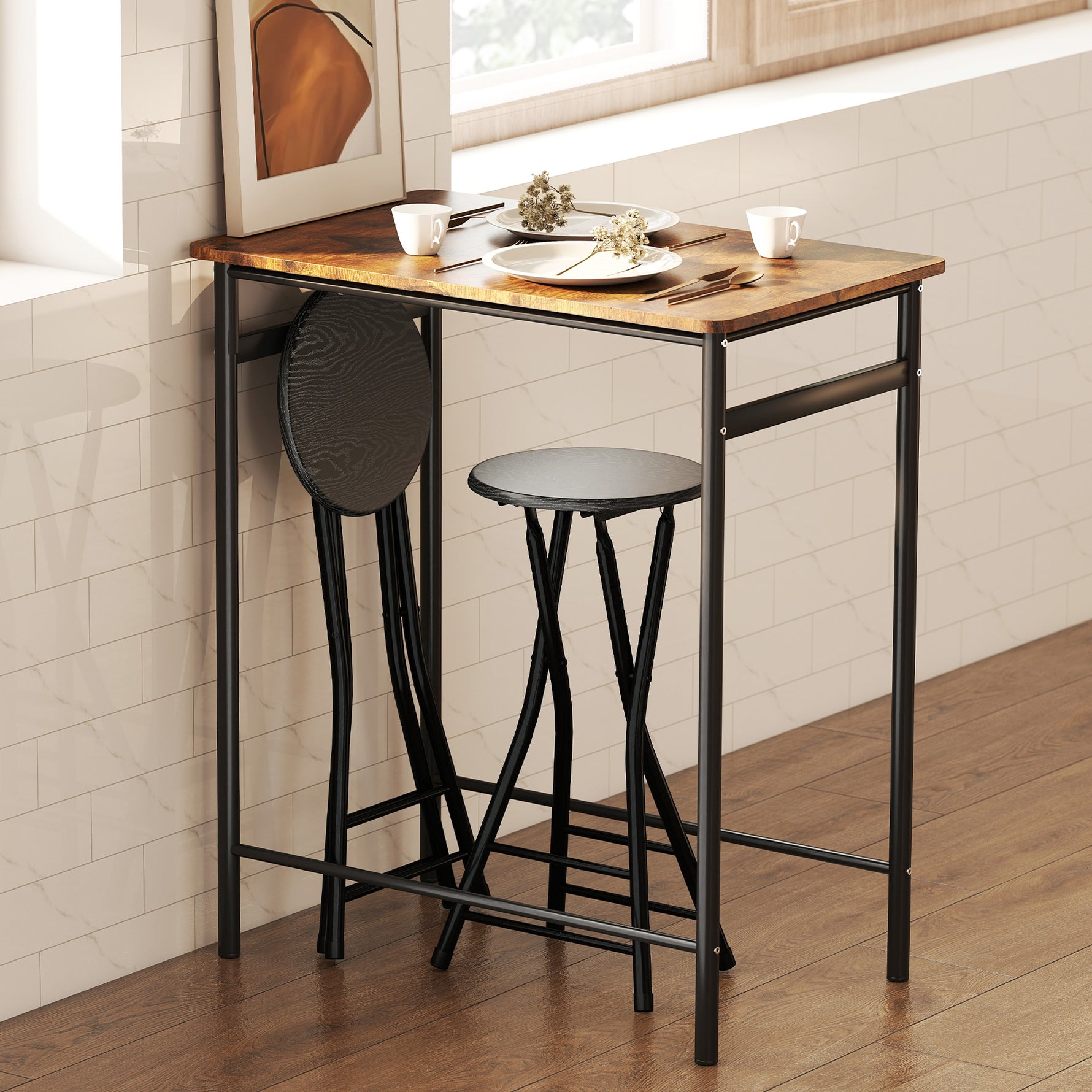 Lot de 2 Tabourets de Bar Pliables, Chaises de Bar Ronds avec Double Repose-Pieds, Cadre en Acier, Noir