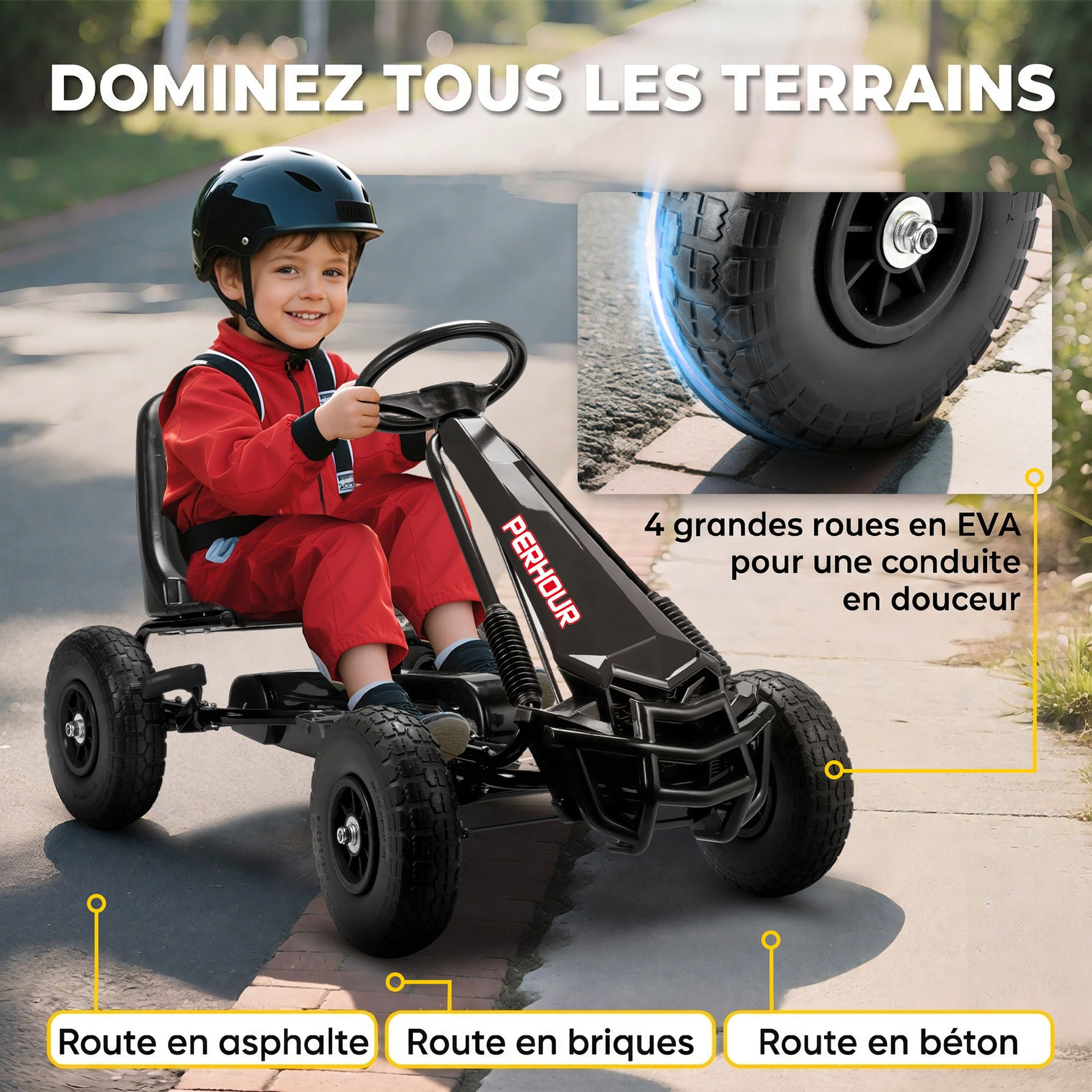 Kart à pédales Go-Kart pour enfants siège réglable pneus EVA embrayage manuel et frein 110 x 61 x 62 cm noir