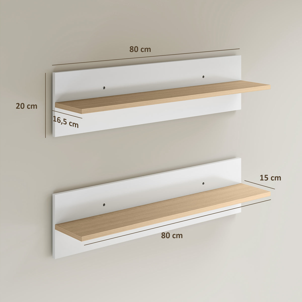 Lot de 2 étagères murales de 80 cm, étagères flottantes pour salon, entrée, chambre et cuisine, blanc et bois naturel