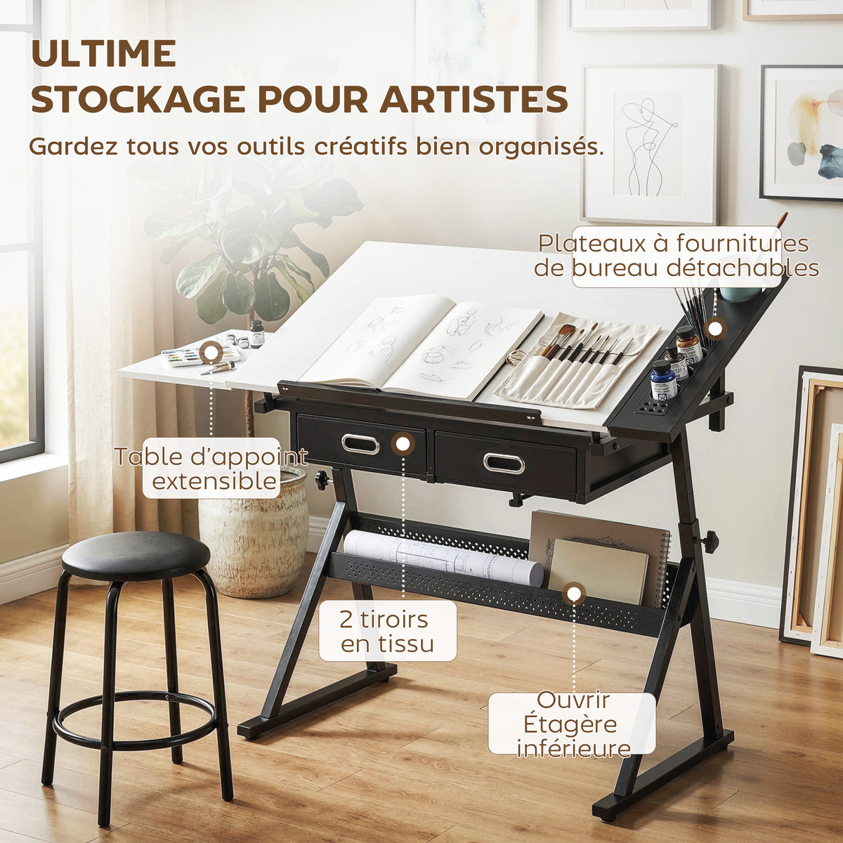 Drawing table with stool and 2 drawers, adjustable height, tiltable tabletop 0° to 60°, 120 x 60 x 68-92 cm, white