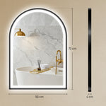 Espejo de baño con iluminación 50 x 70 cm, espejo LED arqueado, antivaho, 3 colores de luz, regulable, memoria, negro