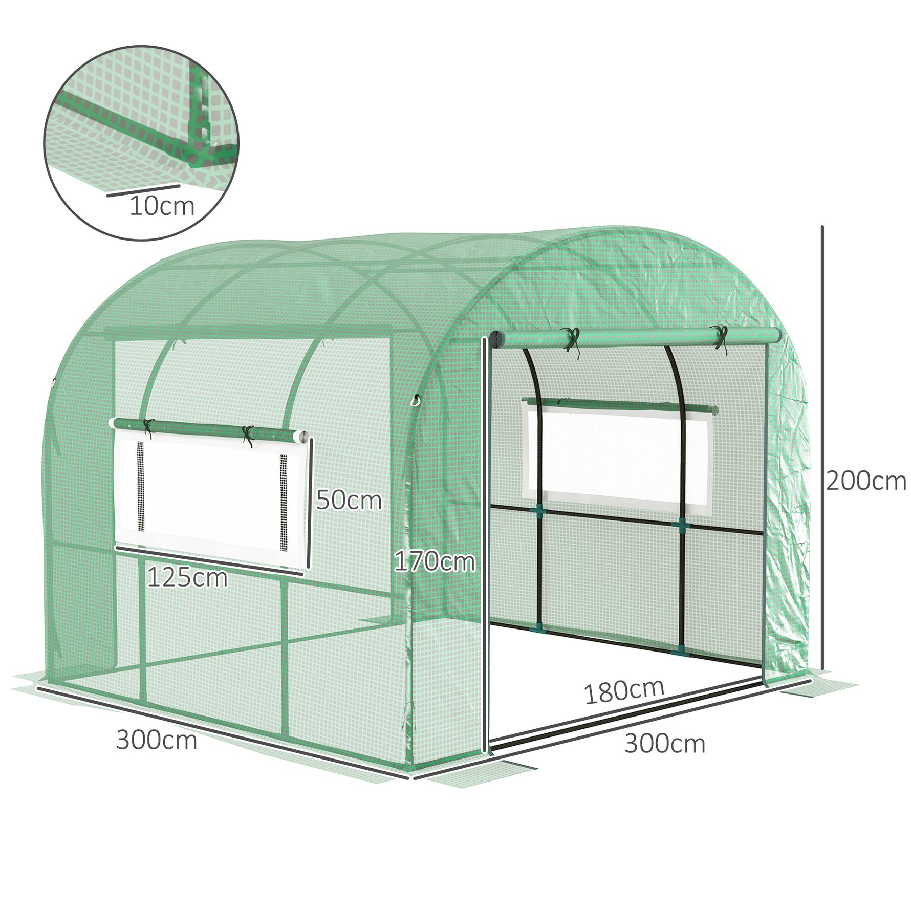 Serre de jardin serre tunnel de jardin 9m² PE Haute densité 135 g/m², avec 2 portes zippées 300 x 300 x 200 cm, vert