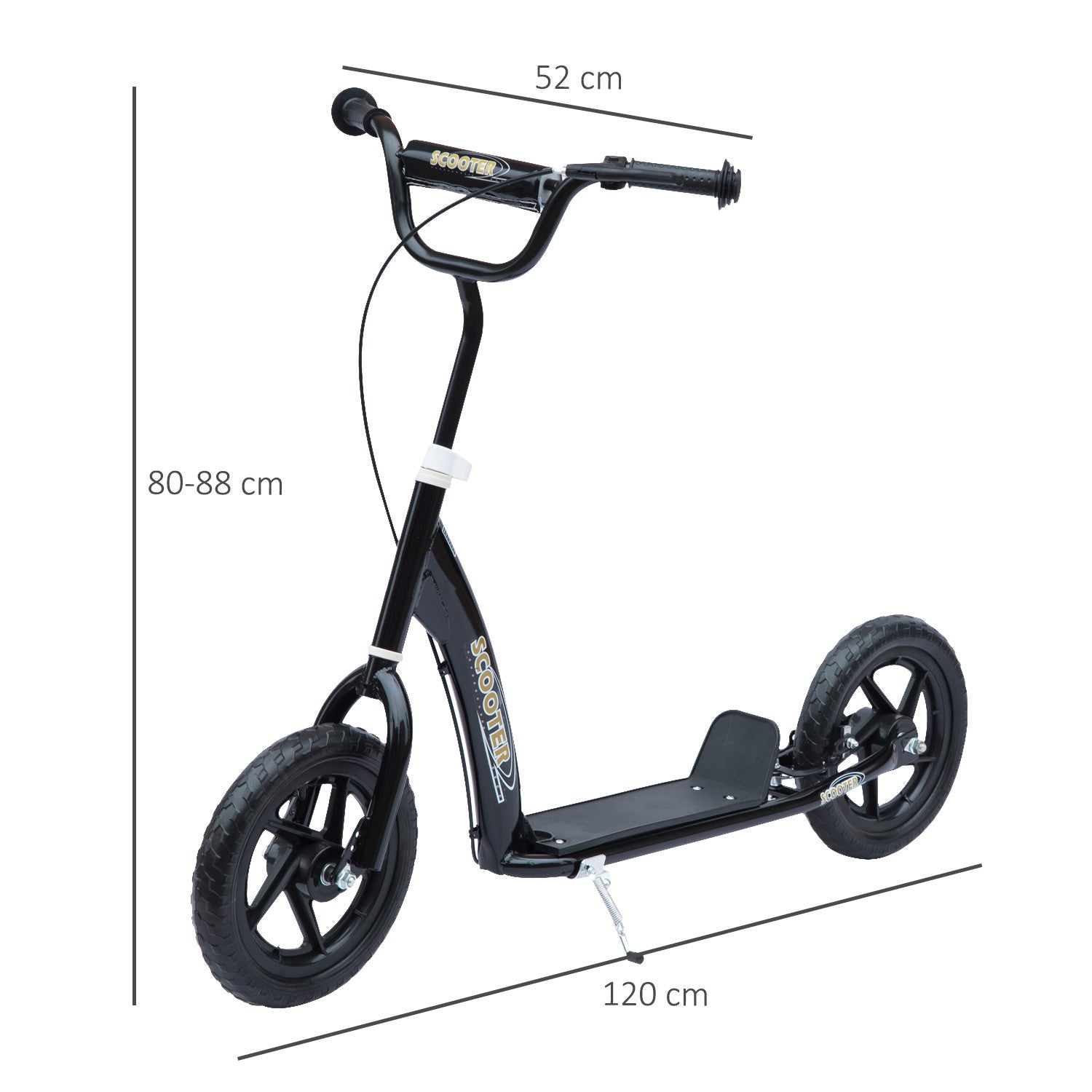 Trottinette enfant patinette pneus 30 cm Hauteur Guidon réglable poignée Frein et béquille Acier pour enfants à partir de 5 ans Noir