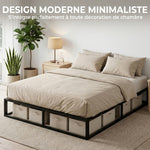 Cadre de Lit 140 x 190 cm avec Sommier, Lit Double avec Pochette de Rangement, Support à Lattes en Bois, Noir