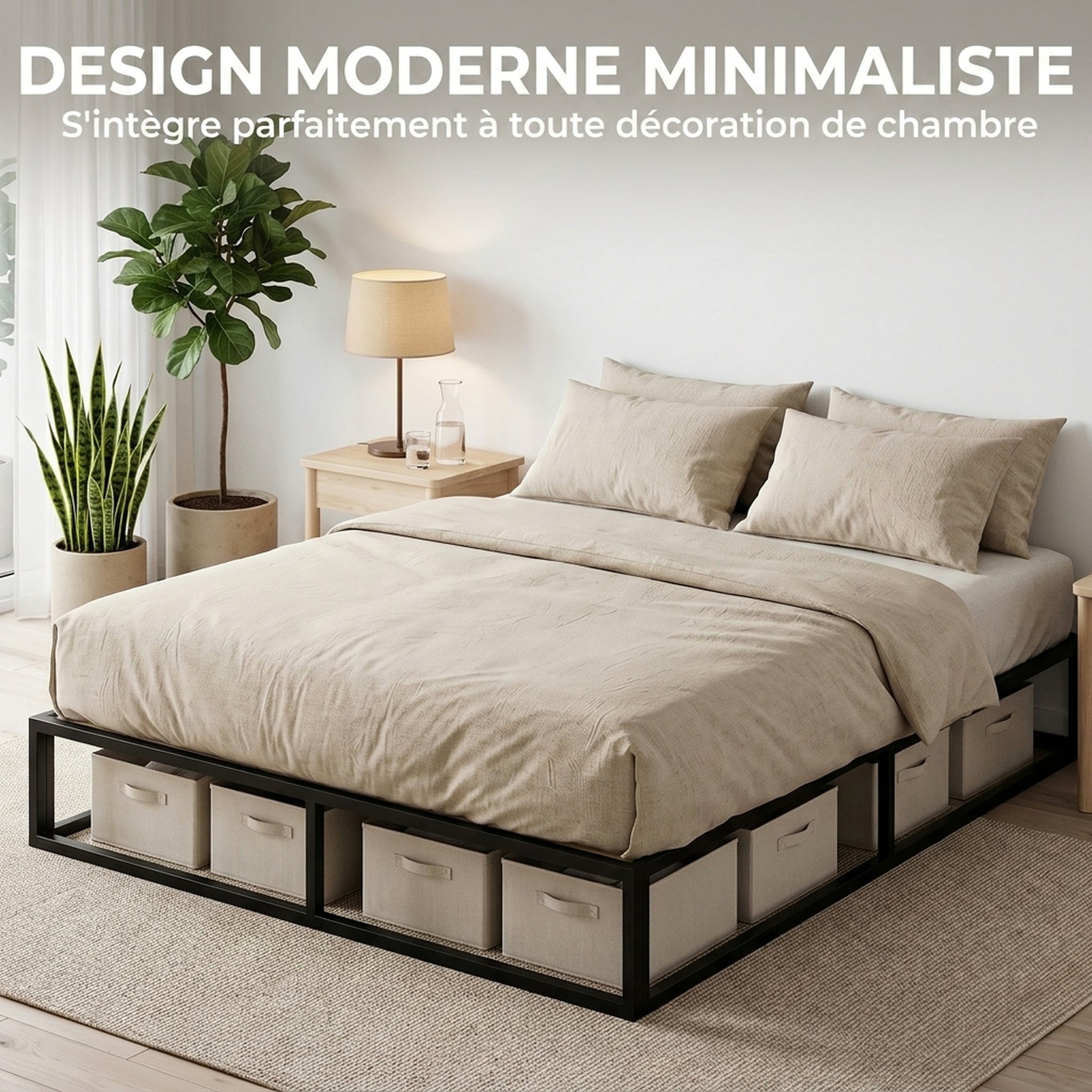 Cadre de Lit 140 x 190 cm avec Sommier, Lit Double avec Pochette de Rangement, Support à Lattes en Bois, Noir