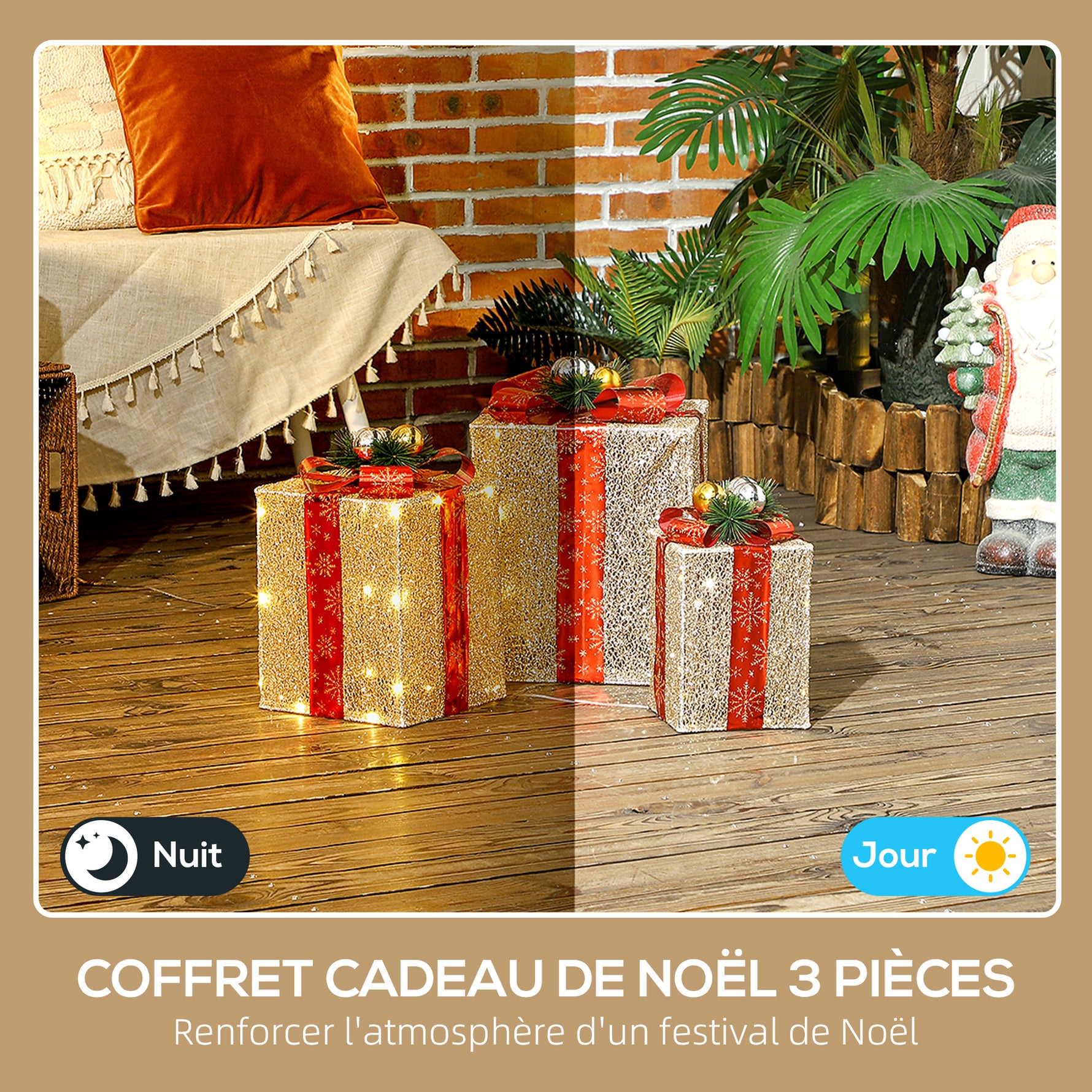 Boîtes cadeaux Noël lumineuse décorations de Noël avec nœud 58 lumières lot de 3 boîtes à cadeaux à LED or