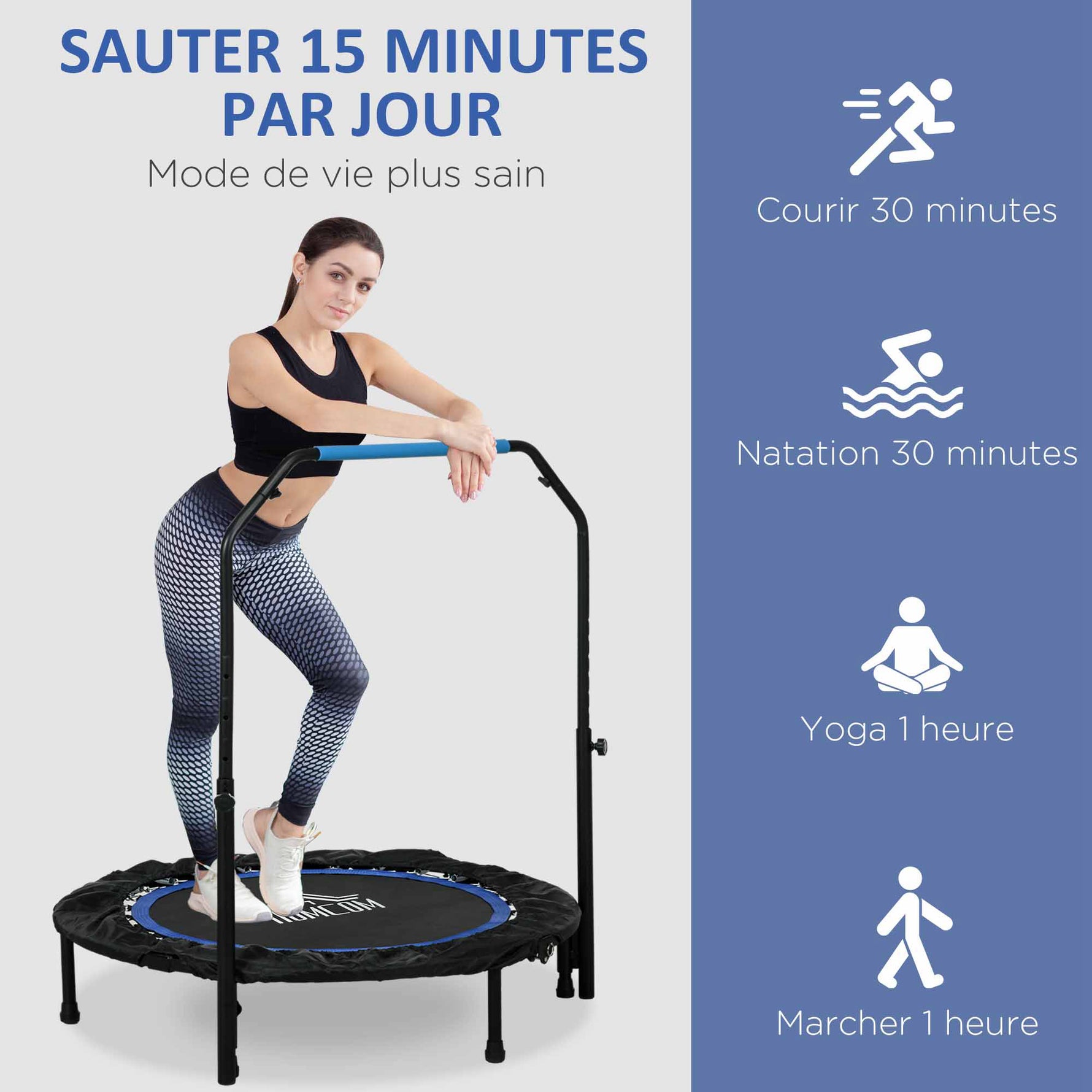 Trampoline de fitness gymnastique avec poignée réglable, pliable, 6 pieds, 28 ressorts Ø 102 cm, noir bleu
