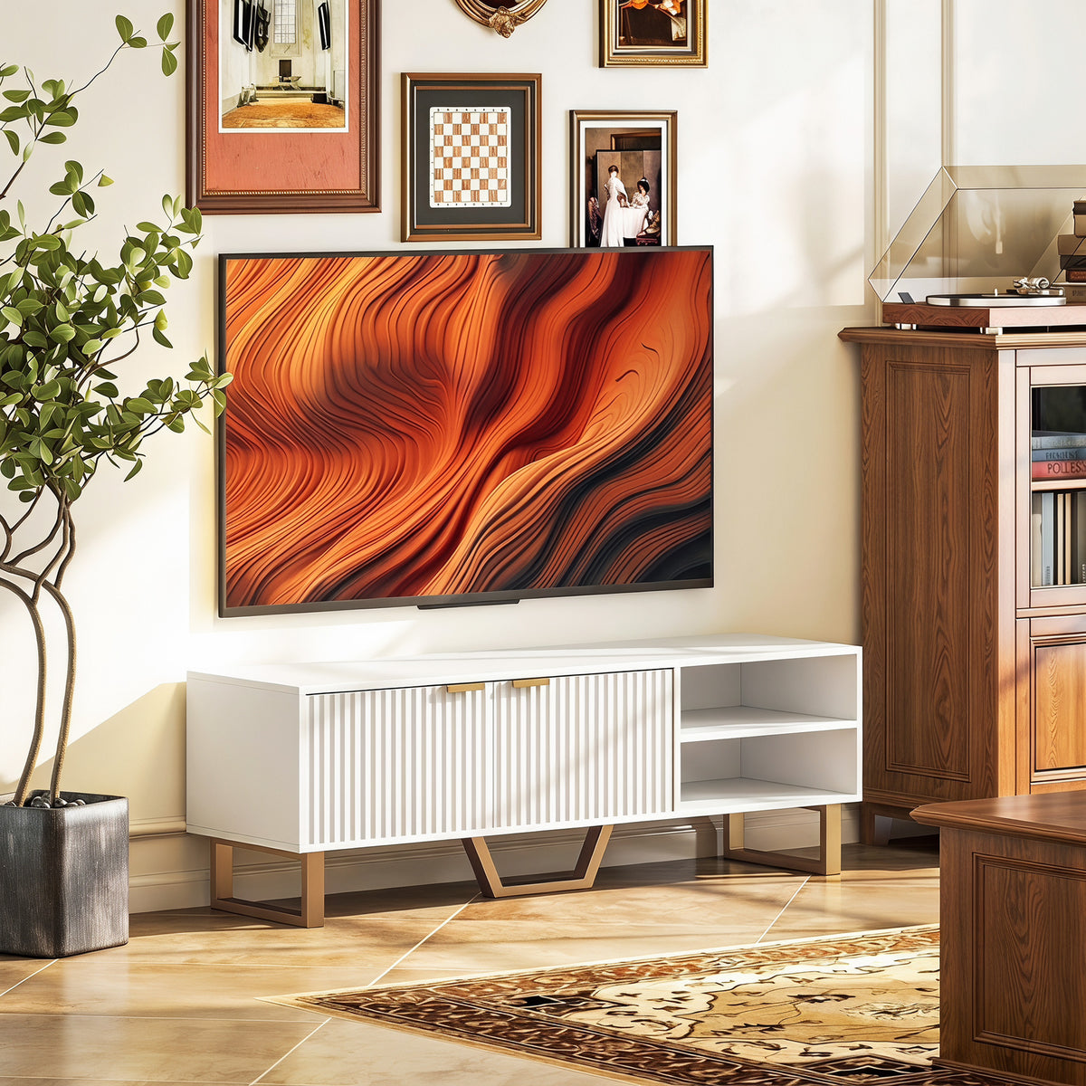 Meuble TV banc TV pour téléviseur jusqu'à 70 pouces - placard à 2 portes cannelées, compartiment ouvert et passe-câbles