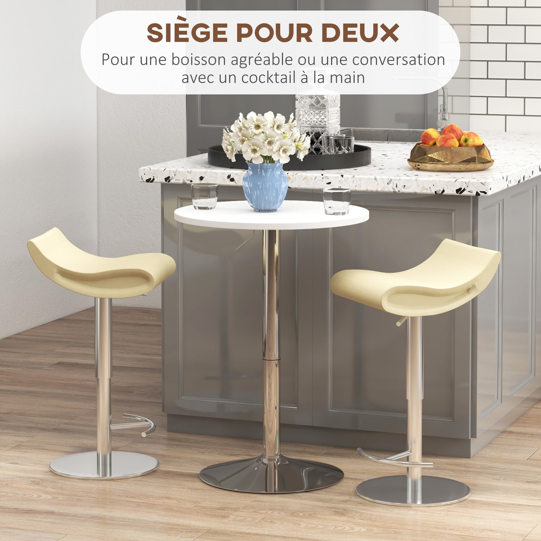 Table de bar ronde table haute cuisine réglable en hauteur 69-91 cm plateau pivotante à 360° blanc et argenté