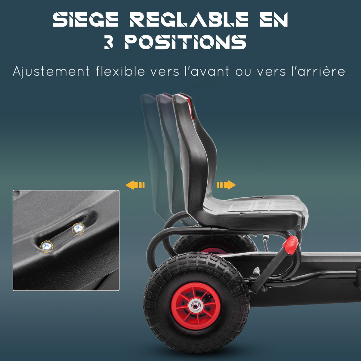 Kart à pédales pour enfant siège réglable 3 positions frein à main enfant de 5 à 12 ans rouge noir