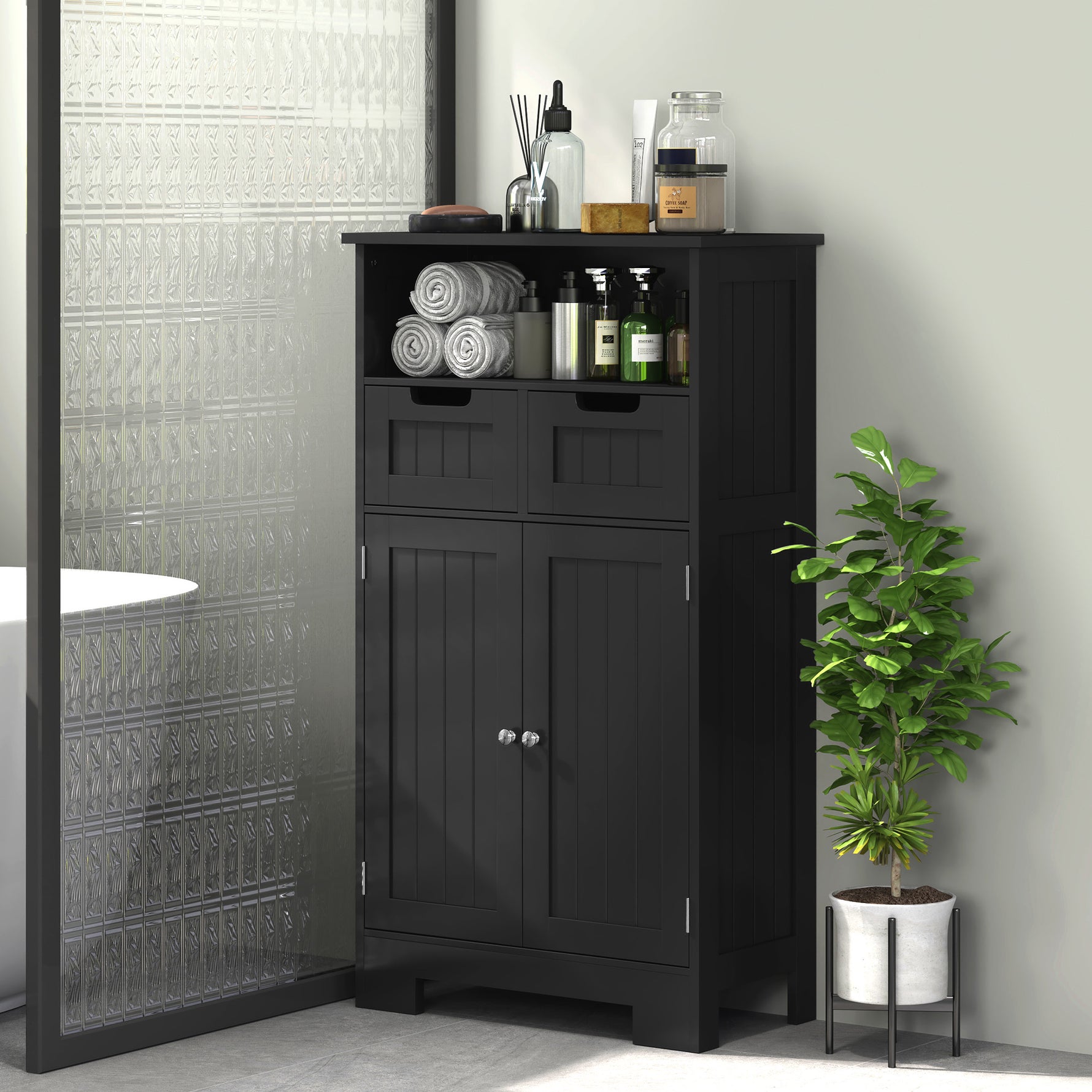 Meuble Bas de Salle de Bain Multi-rangements Grande Niche 2 tiroirs Placard Double Porte avec étagère Noir