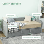 Ausziehbares Bett 90/180x190 cm, 3-Sitzer Schlafsofa, Lattenrost aus Holz, gepolstertes Kopfteil aus Samt, Grau
