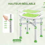 Tabouret de douche chaise de douche - assise rembourré et réglable, patins à ventouses antidérapants, en aluminium vert