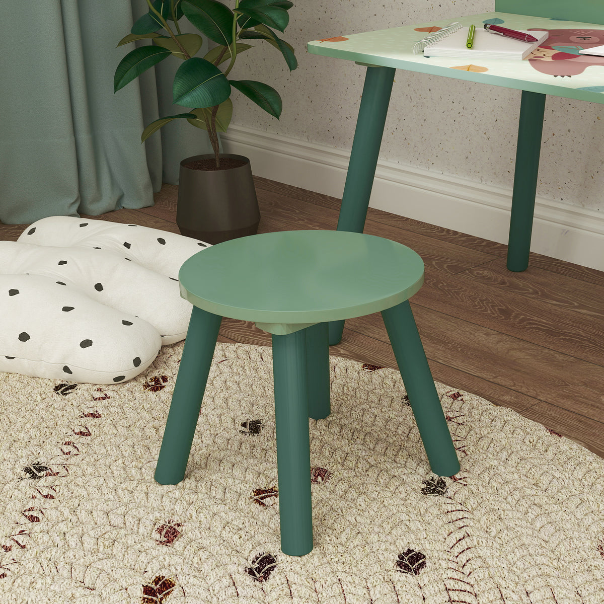 Set tavolo e sedia per bambini con portalibri, motivi orsetto, per bambini dai 3 agli 8 anni, verde
