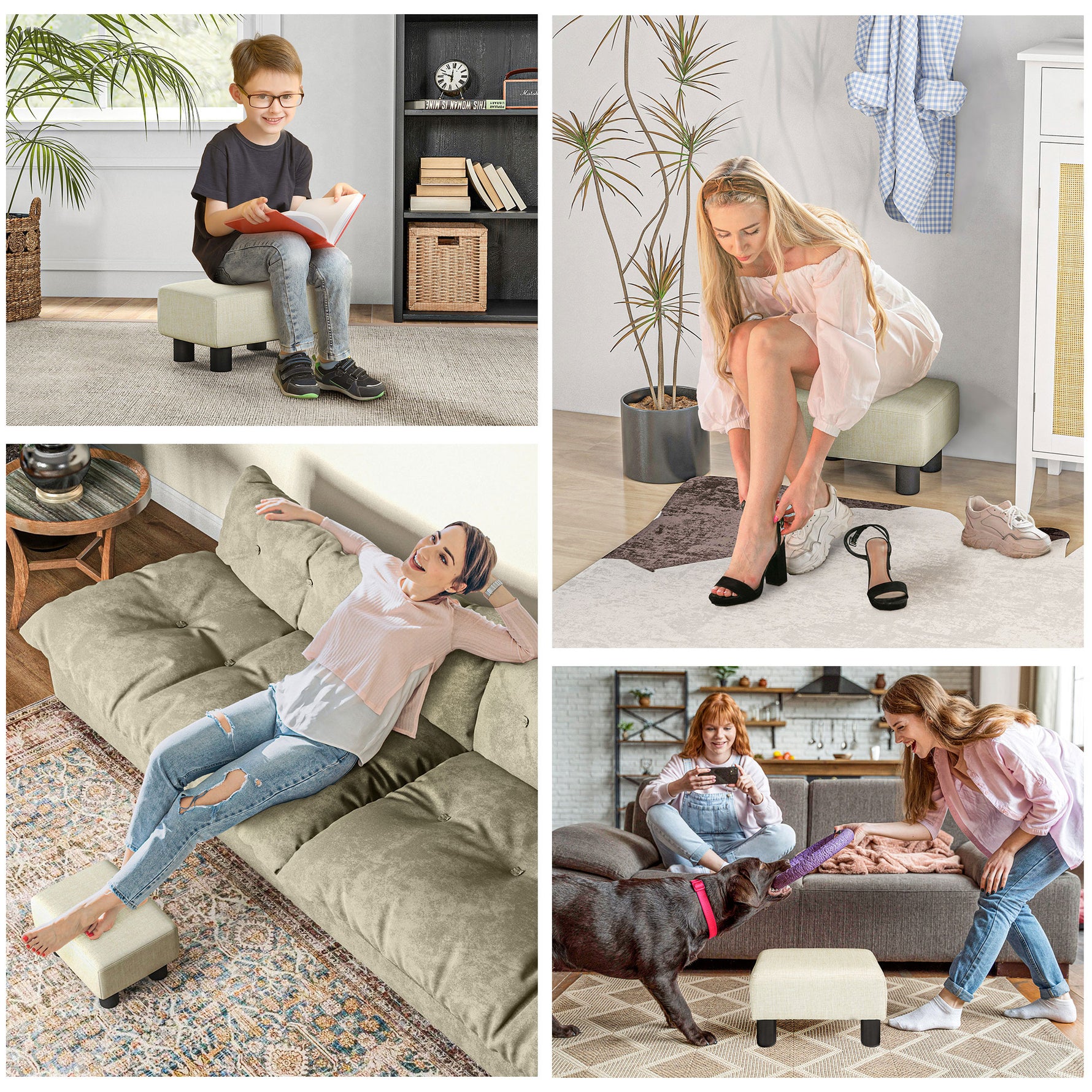 Pouf repose-pied tabouret bas en tissu de lin capacité de charge 110 Kg 40 x 30 x 24 cm beige