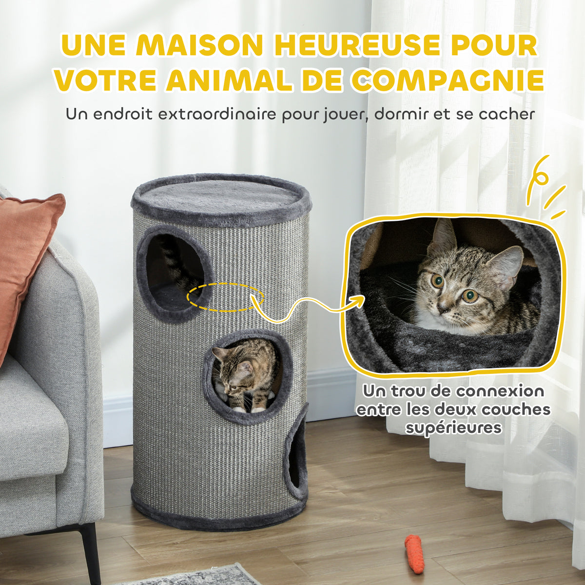 Krabton voor katten, sisal krabpaal met 3 niveaus bekleed met pluche, Ø 38 x 70 cm, lichtgrijs
