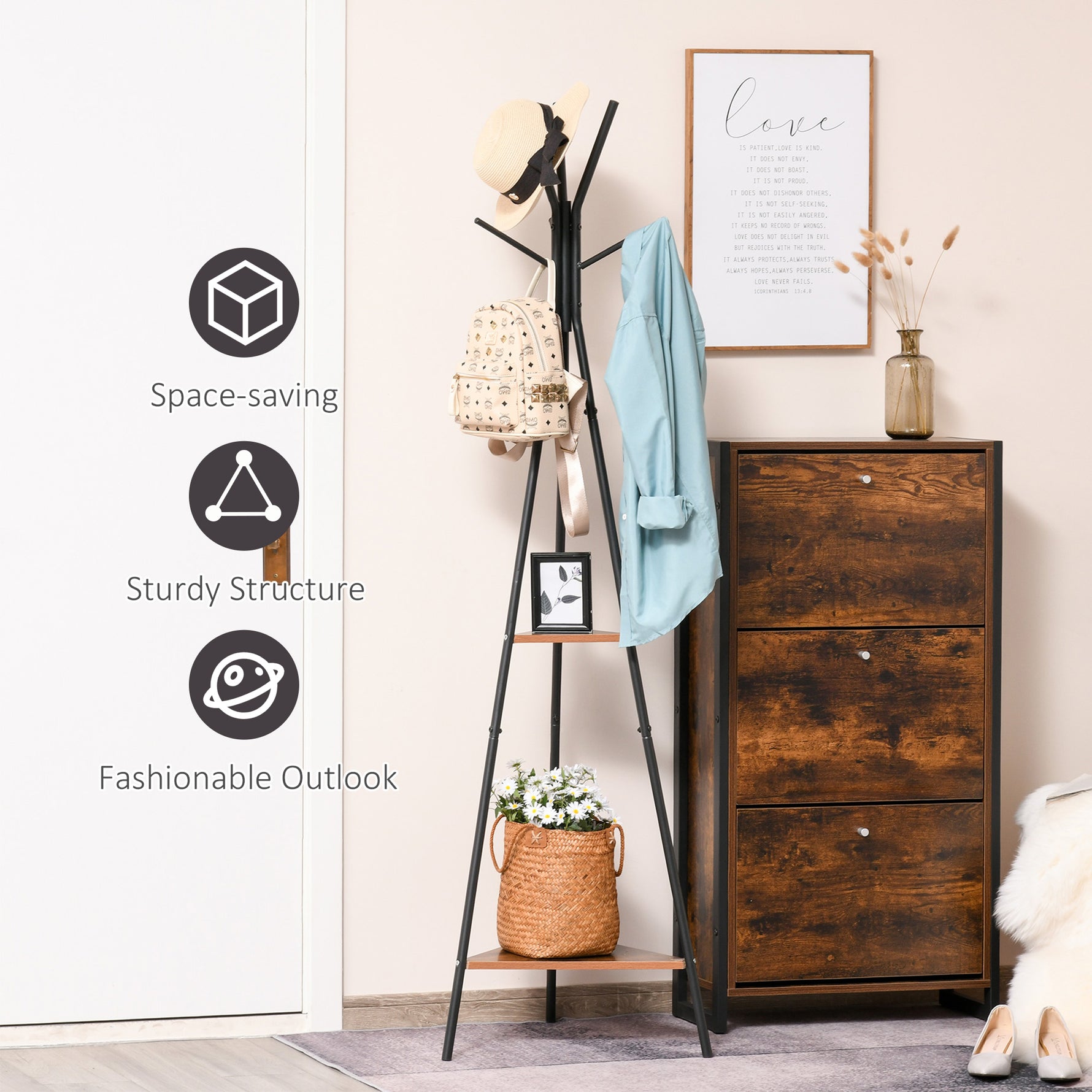 Lot de 2 porte-manteaux trépied meuble d'entrée style industriel branches 2 étagères + 6 patères métal noir