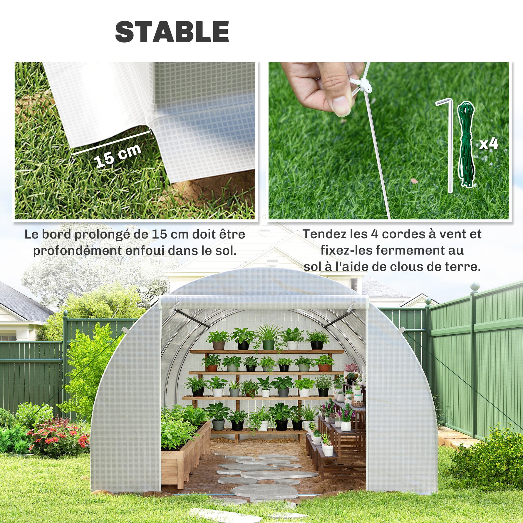 Serre de Jardin Tunnel Surface Sol 18 m² 6L x 3l x 2H m châssis Tubulaire renforcé 24 mm 8 fenêtres Blanc