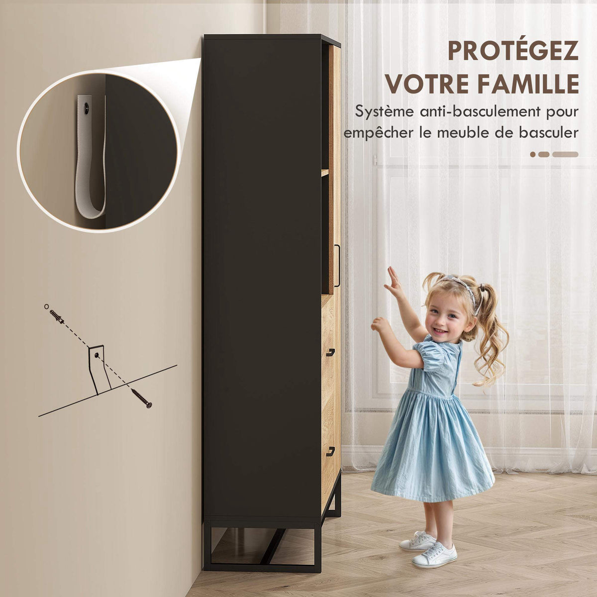 Armoire de cuisine meuble de rangement, 2 tiroirs 1 placard 2 niches et étagères réglables, 88x35x160cm, noir et naturel