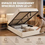 Lit Coffre 160 x 200 cm, LED RGB, Tête Réglable, Cadre de Lit Double Rembourré Velours, Rangement Hydraulique, Crème